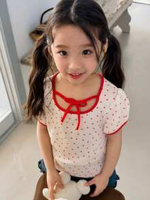 DAZY Young Girls Round Neck Polka Dot Tie Casual Short Sleeve T-Shirt, Fall - Beige - View 4