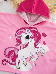 SHEIN Babygirl's Cute And Casual Pink Cartoon Pattern Hooded Loose Swimsuit Cover-Up