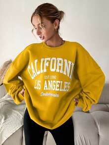 EURMUSE Women's Casual Autumn/Winter Fleece Printed Drop Shoulder Sweatshirt - Yellow - View 3