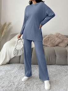EURMUSE Cotton Women's Solid Color Ribbed Top And Pants Set With Slit, Casual Outfit - Blue - View 6