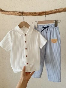 SHEIN LMoss Kids 两件套男童纯色梭织休闲衬衫和条纹休闲裤套装 - 彩色 - 查看 5