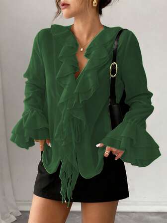 Rafferiza Blusa casual suelta de mujer de otoño con cuello en V, mangas de farol y lazo delantero, de unicolor y estilo francés elegante en gasa