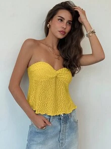 Aloruh Romantic Sexy Yellow Twist Hollow Textured Ruffle Hem Tight Crop Top For Women - Yellow - View 6