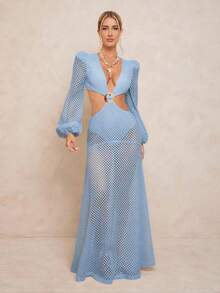 Lumalex Vestido con espalda cruzada, cintura ceñida y falda acampanada para mujer - Azul - Ver 3