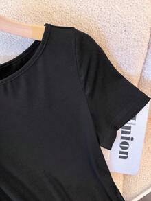 Franclia Women's Casual Round Neck Fitted Backless Tie-Up Short Sleeve T-Shirt, Versatile For Spring/Summer - Black - View 6