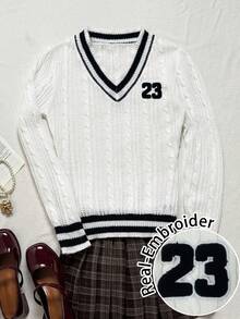 Coolane 休闲简约学院风条纹23号刺绣V领女式修身薄款毛衣 - 复古学院风，适合上学、宿舍、运动、聚会、约会、秋冬季节穿着，春季也同样百搭，柔软舒适 - 彩色 - 查看 11