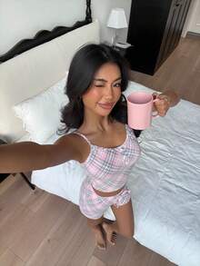 ZzzCrew Pink Plaid Camisole & Shorts Pajama Set With Button Decor, Fitted For Women 2 Piece Summer Set Plaid Lingerie - Pink - View 6