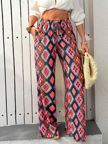 EURMUSE Women Printed Detailed Drawstring Wide Leg Pants - Multicolor - View 6