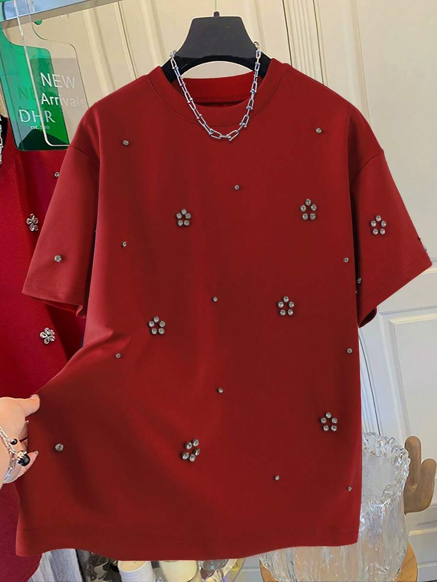 Franclia 2026春夏新款刺绣水钻装饰短袖打底T恤，保暖舒适，休闲百搭，适合通勤和外出穿着，春夏新款女式上衣 - 紅色 - 查看 1