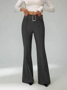 SHEIN Tall 返校季灰色弹力斜纹纯色条纹喇叭休闲裤，商务休闲女装，复古风格女装，办公室女装，旅行机场休闲裤，秋季女装知性长裤 - 灰色 - 查看 5