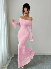 Rafferiza Elegant Fashion Young Minimalist Versatile Fitted Off-Shoulder Flared Sleeve Mermaid Midi Dress For Women, Autumn - Pink - View 3