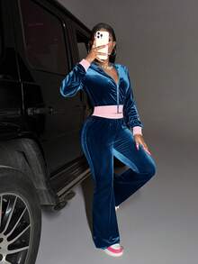 Slaydiva 新款秋冬女装，返校季穿搭，万圣节服装，商务休闲，日常穿着，街头风，复古学院风，运动风，带前拉链的连帽衫，刺绣袖口和下摆，粉色短款外套+撞色腰带喇叭裤，天鹅绒两件套 - 藍色 - 查看 5