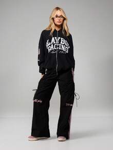 Missguided x Playboy Oversized Washed Distressed Graphic Full Zip Hooded Sweatshirt With Drawstring And Centre Pocket - Black - View 3
