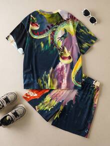 SHEIN How to Train Your Dragon 2pcs/Set Tween Boy Funny Casual Cartoon Print Crew Neck Short Sleeve T-Shirt And Shorts Set - Multicolor - View 2
