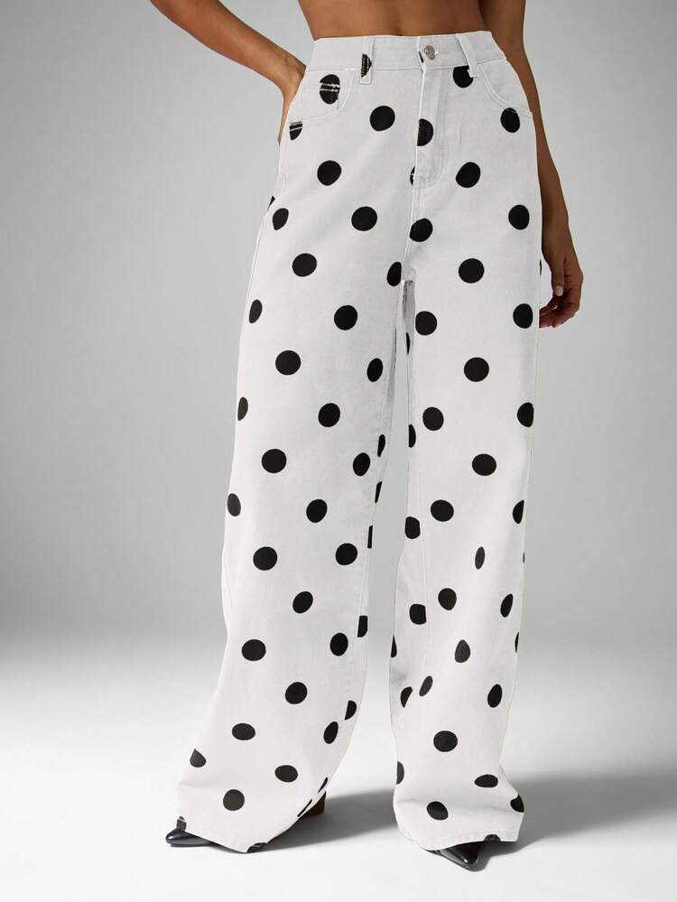 MISSGUIDED Weite Bein High Waist Polka Dot Jeans für Frauen, Retro Vintage Stil Denimhose, Lässig Streetwear Mode