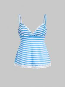ROMWE Fairycore 女士夏季休闲度假风蓝白条纹印花蕾丝边吊带娃娃衫 - 淺藍色 - 查看 2