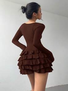 Aloruh 女士性感蝴蝶结装饰荷叶边下摆方领长袖连体衣 - 棕色 - 查看 6