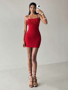Aloruh Women's Valentine's Day Solid Red 3D Rose Floral Bodycon A-Line Cami Mini Dress - Red - View 7
