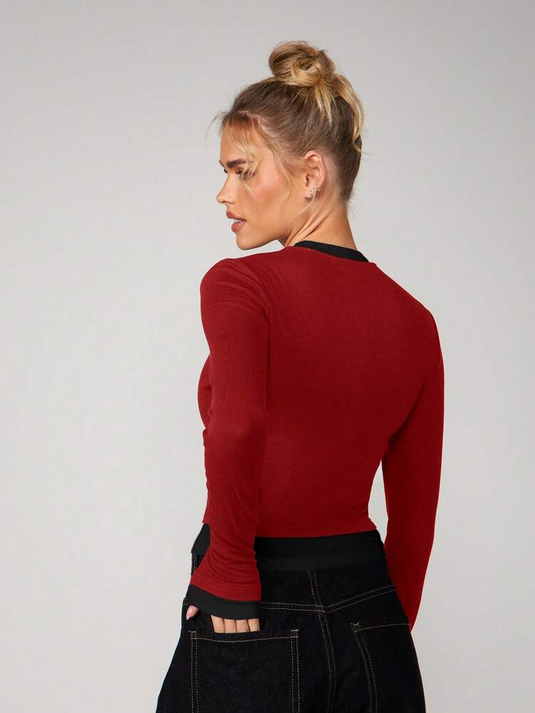 MISSGUIDED 캐주얼 가을 겨울 레이어링을 위한 대비되는 블랙 트림이 있는 골지 긴소매 크루넥 탑
