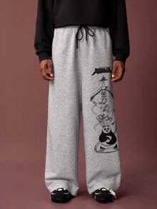 Kung Fu Panda X SHEIN Men's Casual Sports Panda Print Drawstring Waist Sweatpants - Light Grey - View 4