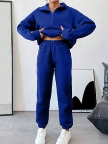 SHEIN Cottnline Half Zipper Drop Shoulder Sweatshirt Set With Jogger Pants,Winter,Fleeze - Royal Blue - View 4