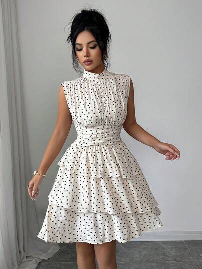Elenzga Women's Romantic Sicilian Elegant Casual Commute Vacation Afternoon Tea Party Polka Dot Print Fabric Stand Collar Waist Gathered Layered Ruffle Hem Sleeveless Short Dress, Spring/Summer