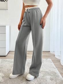 EURMUSE Pantalones anchos casuales con cintura de cordón de algodón - Gris - Ver 4