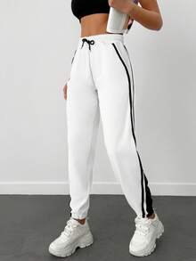 Cottnline 95% Cotton Contrast Tape Drawstring Waist Slant Pocket Sweatpants - White - View 3