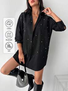 EURMUSE 珍珠串珠落肩袖襯衫