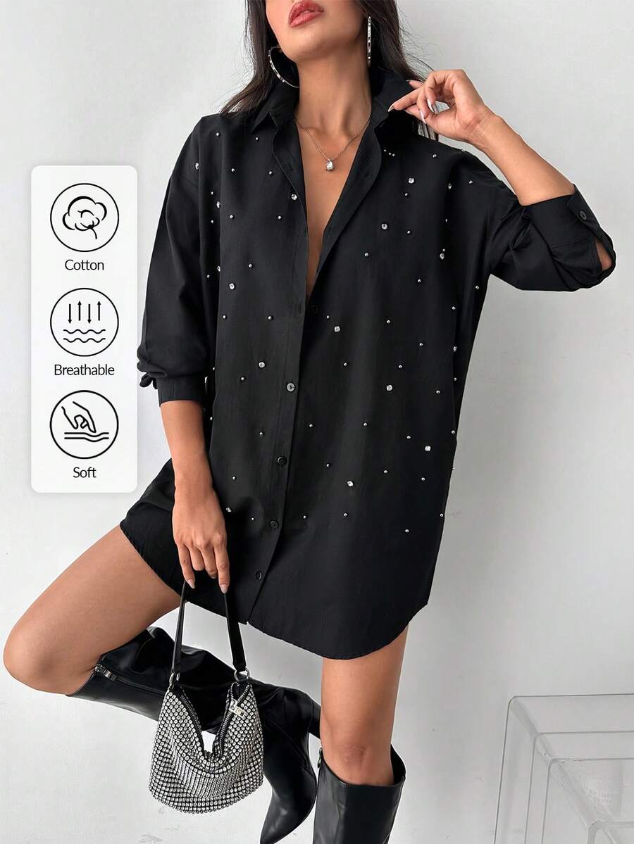 EURMUSE 珍珠串珠落肩袖襯衫