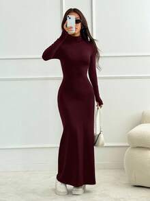 SHEIN PETITE 女士优雅纯色高领长袖修身连衣裙，春夏长裙，黑色长裙，夏季性感长裙，长袖长裙 - 酒紅色 - 查看 7