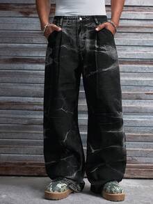 AXEPEAK Men's Washed Loose Casual Pants, Embroidered Design, Stylish & Unique Men Baggy Jeans - Black - View 7