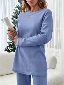EURMUSE Women Beige Wide Leg And Top Two Pieces - Blue - View 6