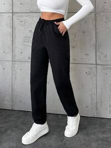 EURMUSE Cotton Women's Drawstring Waist Pocket Jogger Pants - Black - View 5