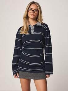 MISSGUIDED Preppy Striped Rugby Collar Long Sleeve Sweater With Cinched Waist And Contrast Grey Trim Details - Navy Blue - View 4