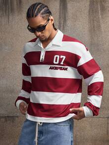 AXEPEAK Casual Street Hip Hop Striped Contrast Color Loose Long Sleeve Men's Polo Shirt - Red - View 1