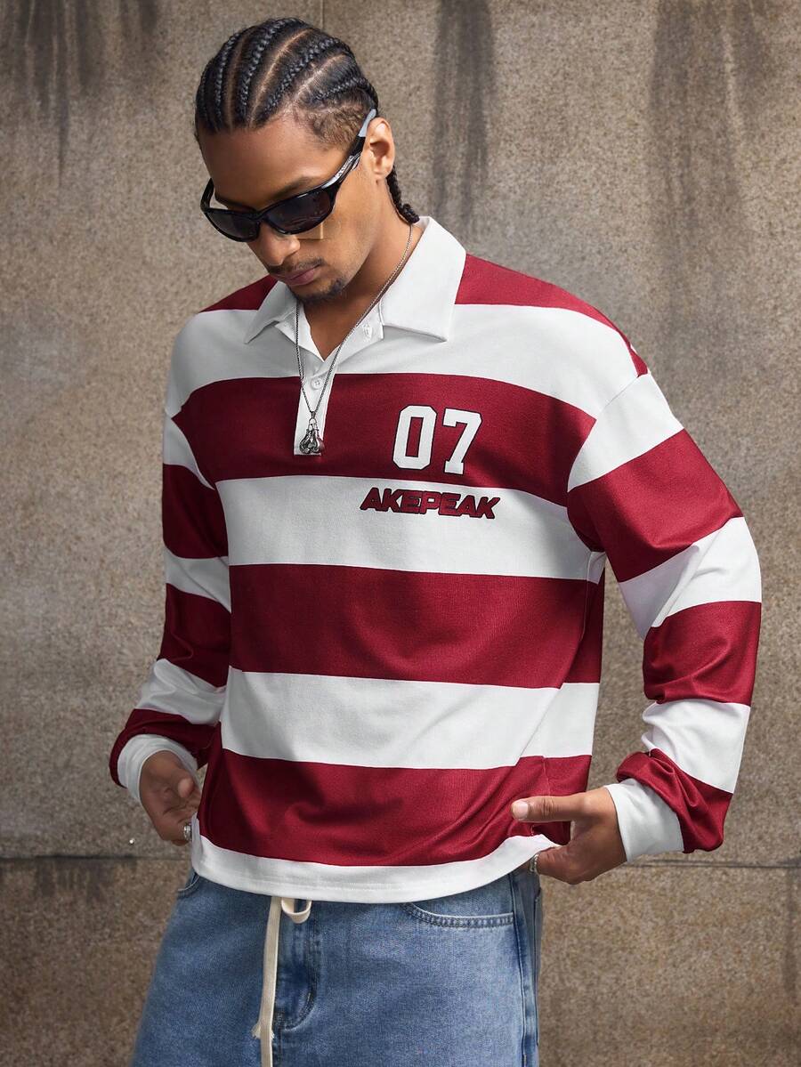 AXEPEAK Casual Street Hip Hop Striped Contrast Color Loose Long Sleeve Men's Polo Shirt - Red - View 1