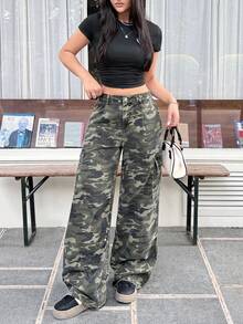 Rivivi Women's Casual Everyday Street Camo Wide Leg Denim Cargo Pants - Army Green - View 5