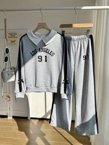 SHEIN ChillGRL Casuvi 女童两件套：长袖T恤，衬衫领，蕾丝边饰，卡通印花；针织阔腿裤，蕾丝边饰，印花图案，学院风，适合春秋季休闲、返校、运动、度假等场合。