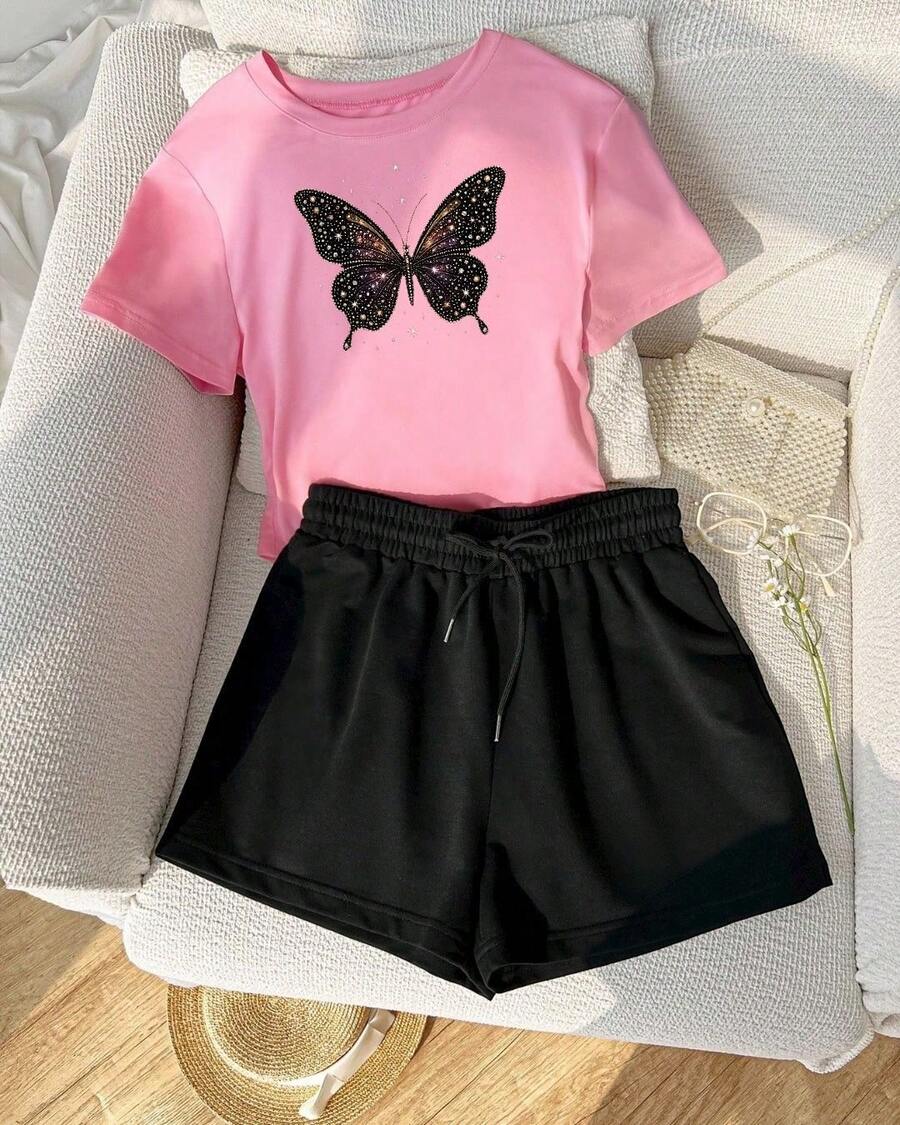 Set de 2 piezas de camiseta y pantalones cortos con estampado de Mariposa - Rosa - Ver 1