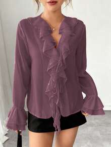 Rafferiza Elegant French Chiffon Lantern Sleeve V-Neck Tie Front Loose Casual Blouse For Women, Autumn