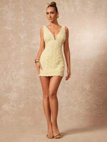 Lumalex 新款春夏3D立体花卉深V领无袖修身迷你连衣裙，浅黄色 - 淡黃色 - 查看 7