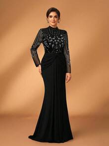 Serin Đầm maxi dài tay dáng đuôi cá sang trọng, đính cườm và sequin, chất liệu vải xuyên thấu, co giãn, họa tiết hoa, thích hợp cho đám cưới, tiệc tùng, kỳ nghỉ, dạ hội, tiệc cô dâu, váy dạ hội cho mẹ cô dâu (đính kết rất cầu kỳ). - màu đen - Xem 7