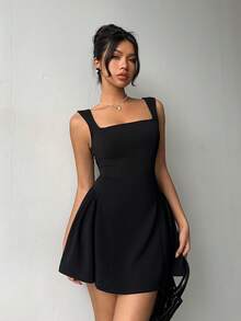 Aloruh Đầm ngắn thời trang nữ hở lưng, cổ vuông, không tay, đính nơ. - Đen và trắng - Xem 6