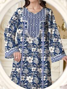 SHEIN Najma Women's Tropical Plant & Floral Digital Print Elegant Round Neck Long Sleeve Arabic Style Dress, Spring/Summer - Multicolor - View 4