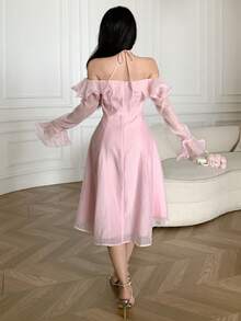 Feyla Đầm ngắn cổ yếm trễ vai xếp ly màu trơn thanh lịch dành cho nữ - Hồng - Xem 2