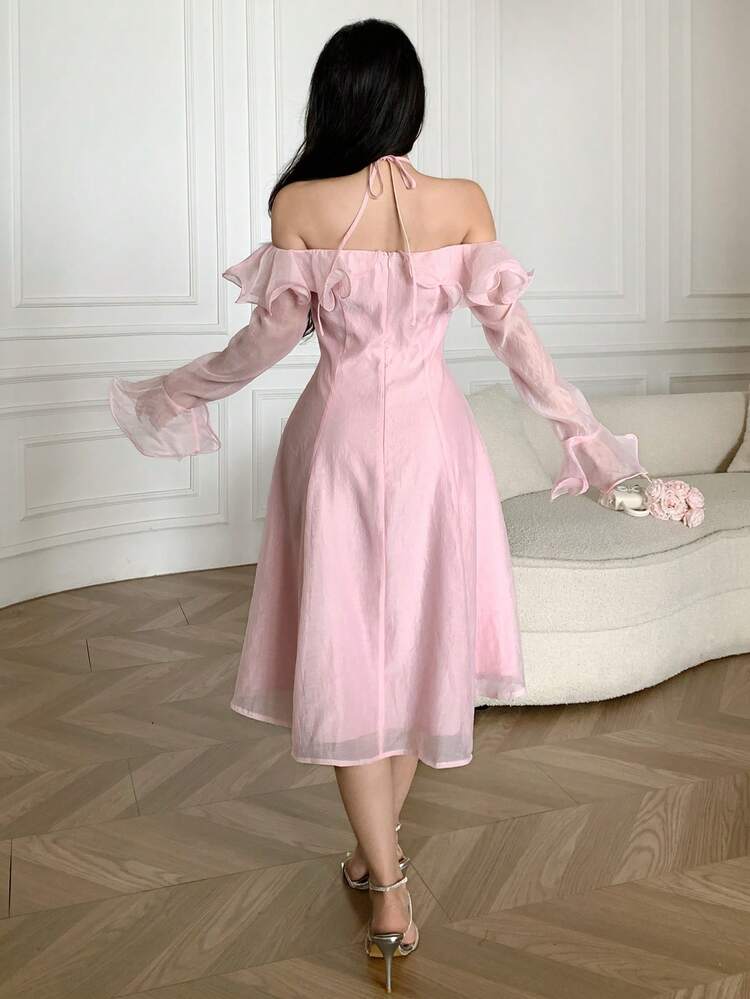 Feyla Vestido mini elegante de mujer con volantes de un solo hombro y cuello halter de unicolor - Rosa - Añade 2