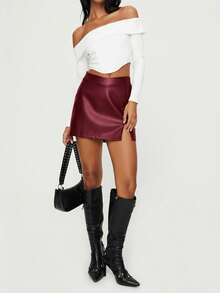 SHEIN BAE 女士休闲简约酒红色皮裙 - 酒紅色 - 查看 8