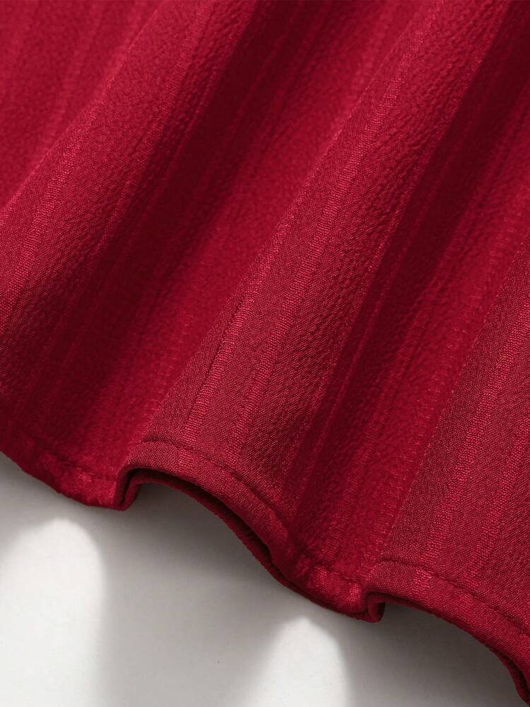 SHEIN فستان بياقة مربعة وأكمام منتفخة ذو نسيج جاكار عصري مناسب للفتيات المراهقات، اللون الأحمر الكرزي، للربيع/الصيف - الأحمر - مشاهدة 5