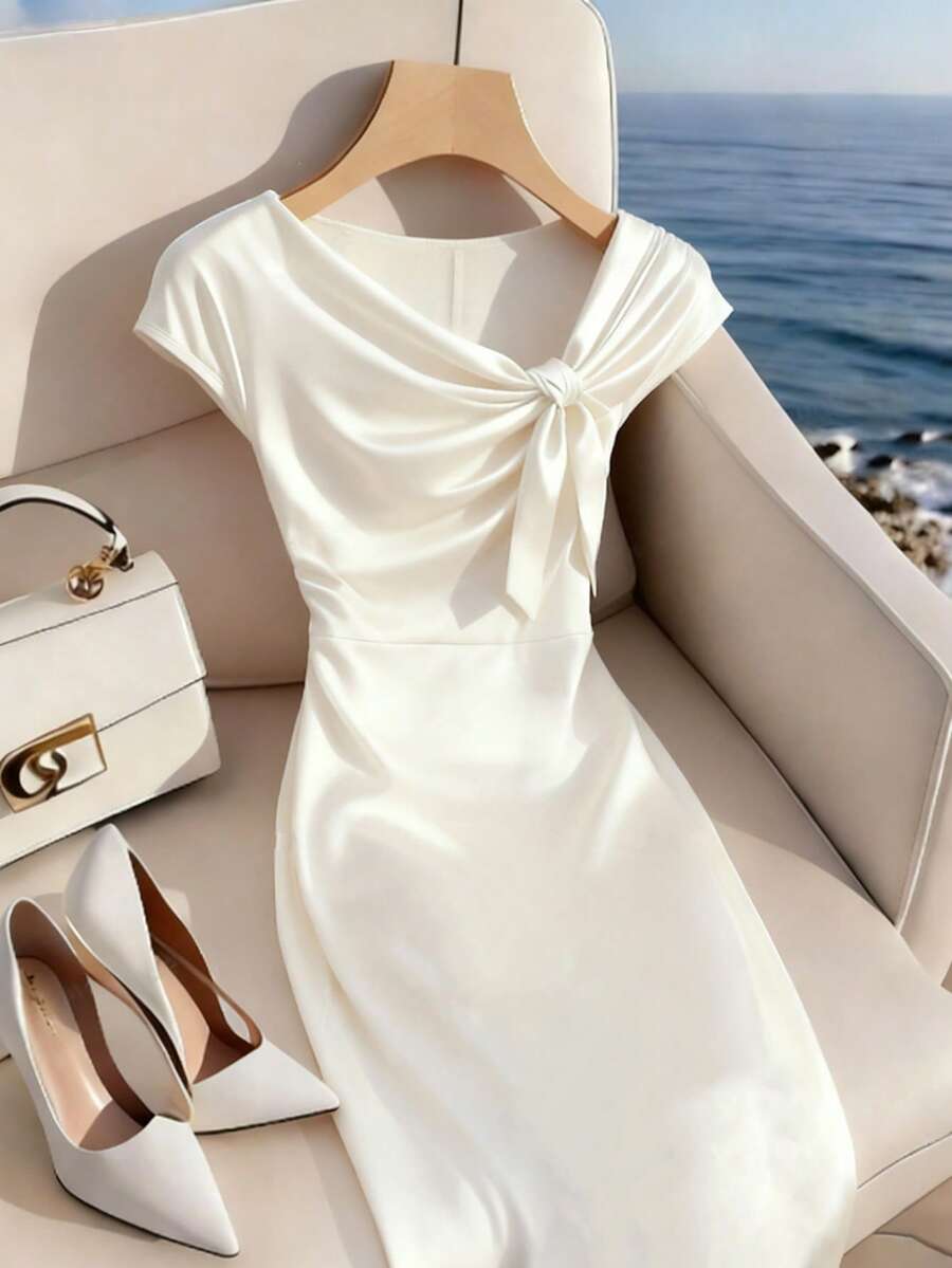 GlowEve 女士夏季针织弹力缎面亮面系带V领短袖A字中长连衣裙，时尚优雅休闲 - 白色 - 查看 1